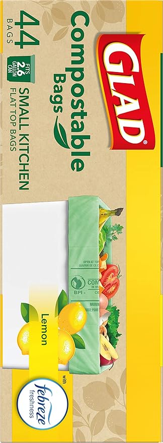 Glad Trash Bags, Kitchen Compost Bags 2.6 Gallon Garbage Bags, 100% Compostable Bag, Febreze Lemon, 44 Count (Package May Vary), Light Yellow