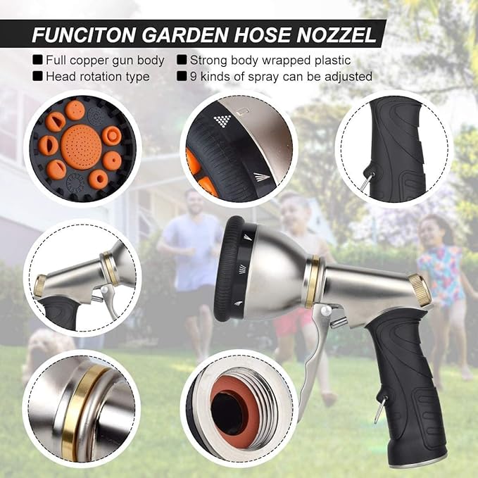 Garden Hose Nozzles 9 Adjustable Patterns Hose Spray Nozzle Heavy Duty Metal Hose Nozzle Spray Slip Resistant Water Sprayer for Cleaning/Watering Lawn Garden/Pets Shower/Car Washing