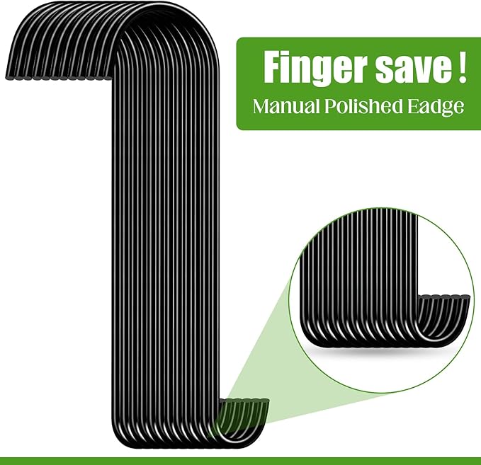 12 Pack 18 Inch S Hooks for Hanging Plants, Heavy Duty Metal Extension Hangers for Bird Feeders Wind Chimes Flower Baskets Black Vinyl Coated Rustproof Garden Hooks