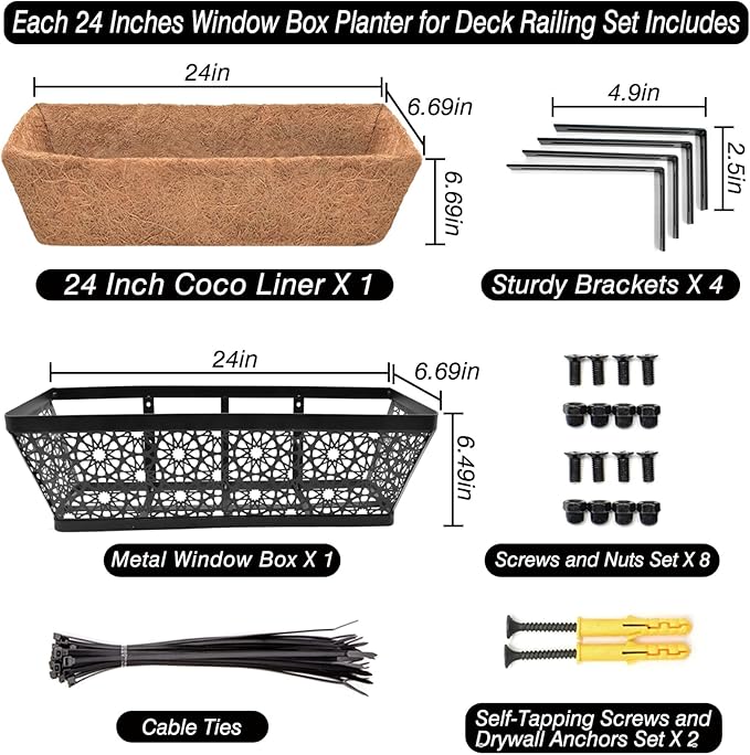 Halatool 24 Inch Window Boxes Planters, 2 Pack Sturdy Metal Deck Flower Railing Planter Box with Coco Liners for Indoor Outdoor Decor, Adjustable Rail Planter for Window Fence Porch Balcony Patio Lawn
