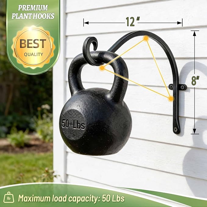 Hanging Plant Brackets Outdoor: 50lbs Weight Capacity - Hanging Bird Feeder Hangers, 12-Inch Black Metal Outdoor Wall Hooks for Heavy Plants - 4 Pack, Birdhouse, Wind Chimes