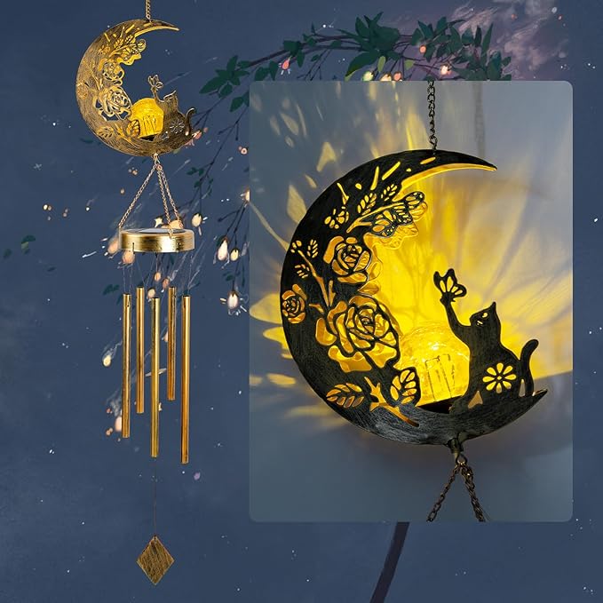 Cat Moon-Wind Chime, Cat Lover Gift Solar-Lantern Windchime, Wind Chimes Outdoor, Garden-Gifts, Garden Moon Decor, SolarWind Chimes, Solar-Light, Patio Hanging Light, Gifts for Mom, Grandma,Sister