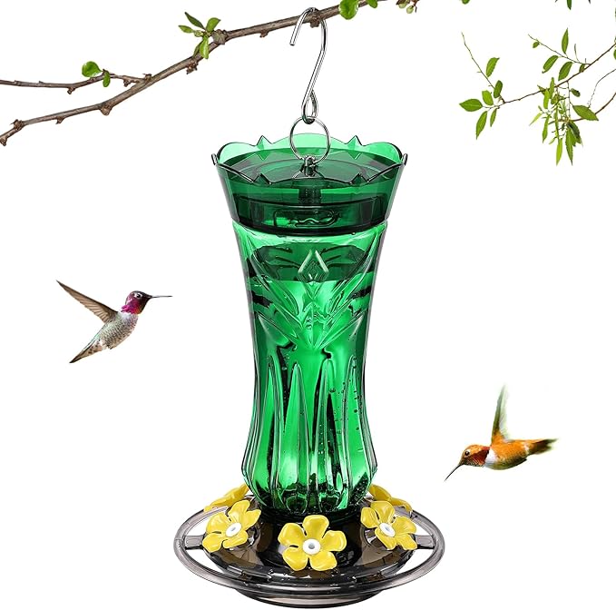 Hummingbird Feeder for Outdoors Hanging, 18 OZ Humming Birds Feeders with 6 Bee Guard Feeding Ports & Built-in Ant Moat, Easy to Clean, Durable Outdoor Garden Decor (Green 1 Pack)