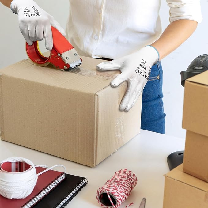 KAYGO Work Gloves for Men and Women, 60 Pairs Seamless Knit PU Coated Safety Gloves, with Smooth Grip on Palm and Fingers, Ideal for Light Warehouse, Manufacturing, Gardening, KG11P (L, White)