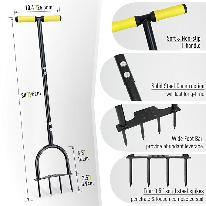 Colwelt Spike Lawn Aerator, Manual Aerator for Compacted Soils and Lawns, Non-Slip T-Handle Spike Aeration with Four 3.5-Inch Solid Steel Spikes, 38-Inch