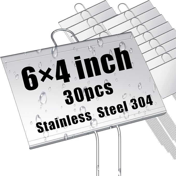 Landhoow 30 Pcs Large Garden Plant Markers Metal Plant Labels Sign 4'' x 6'' with 11'' Stake Weatherproof Waterproof Garden Sign for Outdoor Seedlings Herbs Vegetable Greenhouse, Silver