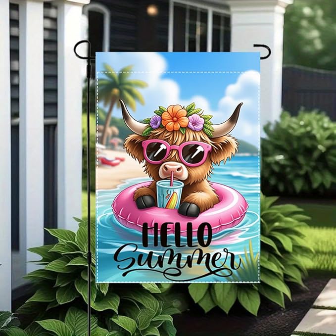 Hello Summer Highland Cow Garden Flag 12 x 18 inch Double Sided Outside Decorations,Beach Floral Cow Small Garden Flags For Outdoor Yard Lawn