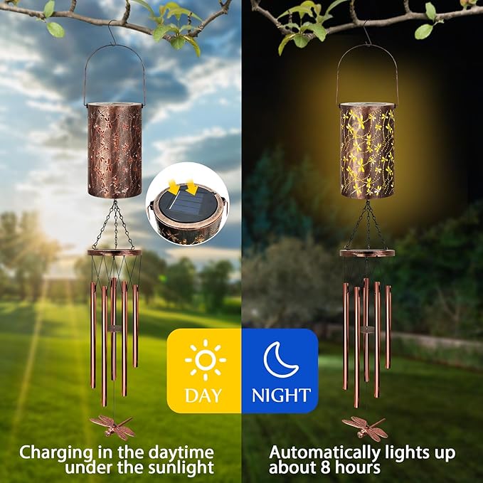 YHmall Solar Wind Chimes for Outside, Dragonfly Gifts for Women Mom Grandma Solar Lantern Windchimes Outdoors, Memorial Wind Chimes for Patio Yard Garden Christmas Decor