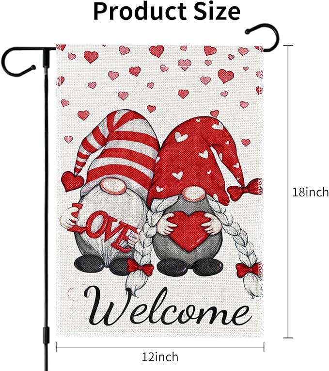 12x18 Inch Valentines Day Garden Flag Double Sided, Lovely Gnomes Yard Flag for Outdoor Decoration