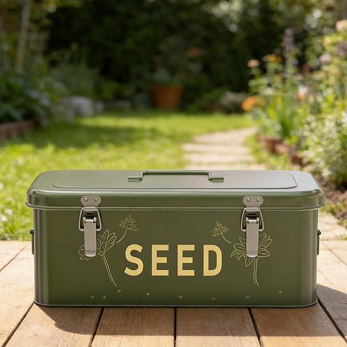 Orionstar Metal Seed Storage Organizer Kit with 30 Bottles & Envelopes, 4 Compartment Locking Box for Gardening Heirloom Flower Vegetable Preservation, Vintage Dark Green Gardener Gift