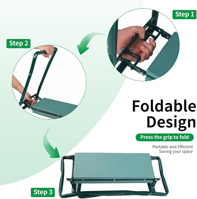 Garden Kneeler and Seat, Portable Foldable Gardening Kneeling Bench Stool with Tool Pouch and EVA Foam Kneeling Pad, Gardening Gifts for Women, Men, Gardeners, Seniors
