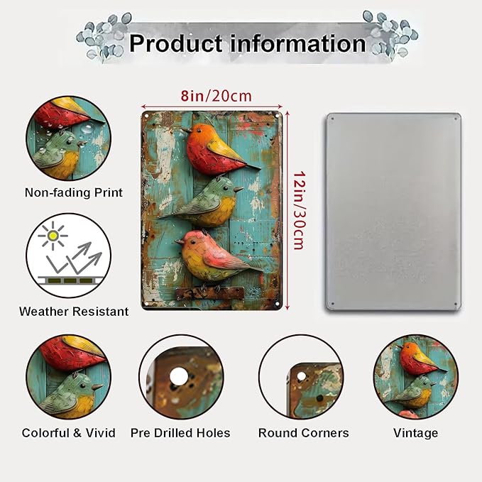 Vintage Cute Birds Metal Sign Retro Bird Tin Plate Wall Decor Rustic Tin Painting for Home Bedrooms Yard Bars Pubs Gardens Patios Porches 8x12 Inch