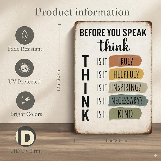 motivational wall decor for office-Before You Speak Think Metal Sign – Vintage Inspirational Quote Wall Decor for Classroom, Office, or Home – Motivational Gift for Teachers, Students, and Families (THINK-sign)