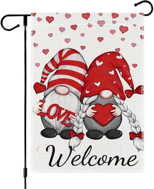 12x18 Inch Valentines Day Garden Flag Double Sided, Lovely Gnomes Yard Flag for Outdoor Decoration