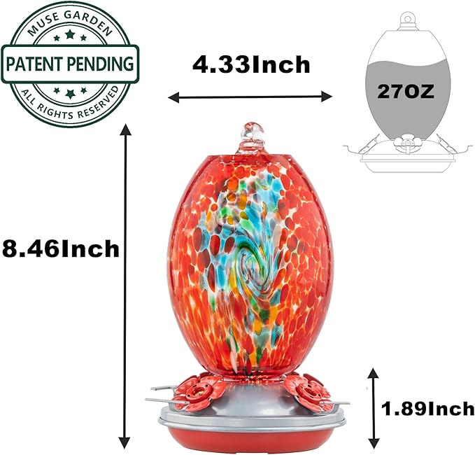 Muse Garden Glass Humming Bird Feeders for Outdoors - 27OZ Blown Glass Hummingbird Feeder - Unique Gift Mom Women Grandparents, Outdoors Hanging Garden Decor, Includes Ant Moat & Brush, Red Swirl
