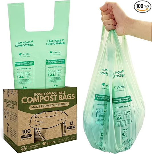 Compostable Kitchen Trash Bags 13 Gal - Cornstrarch Leakproof & Tear Resistant 100 Compost Bags - OK Compost Home & Seedling Certified 0.25 mm Kitchen Garbage Bags