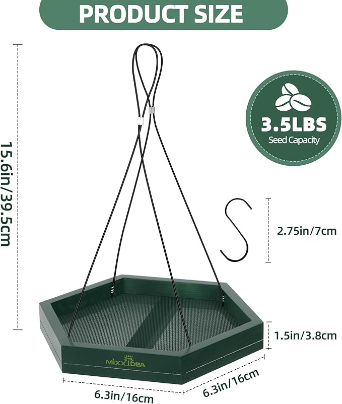 MIXXIDEA Platform Bird Feeder Tray, Hanging Bird Feeders for Outdoors, Wooden Seed Tray Mesh Seed Platform for Garden Yard Outside Decoration Attracting for Wild Birds (1pk-Green)