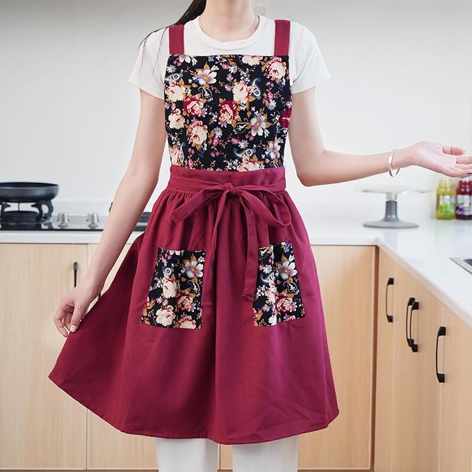 Vintage Pinafore Apron Dress for Women with Pockets Cute Floral Chef Aprons for Kitchen Cooking Baking Gardening