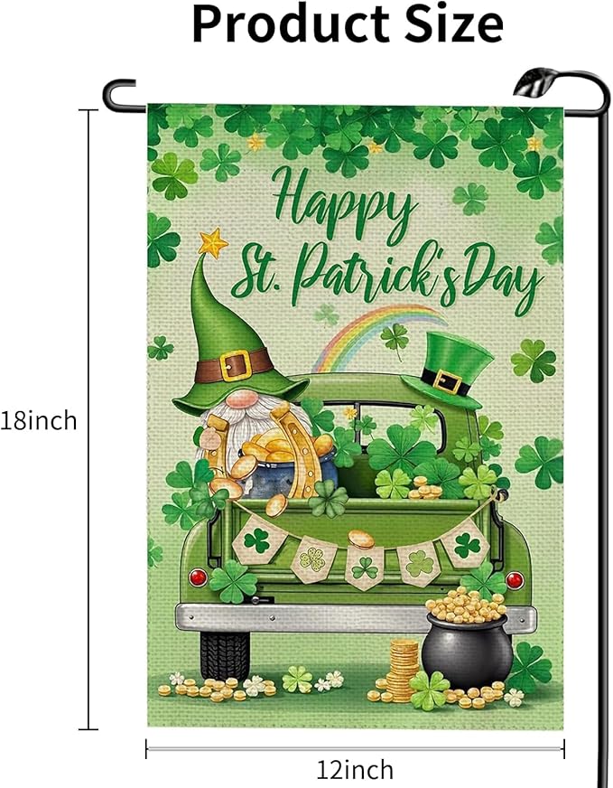 12x18 Inch St Patricks Day Garden Flag Double Sided, Gnome & Clovers Yard Flag for Outdoor Decoration