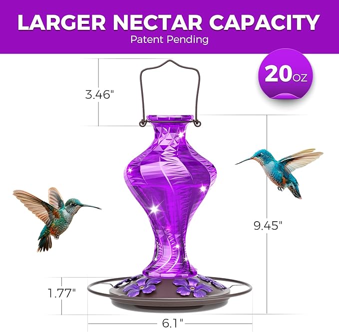 Glass Hummingbird Feeder for Outdoors Hanging, Bird Nectar Feeder with Perch & 5 Flower Feeding Ports, 20 Oz Leak Proof for Outside Garden Decor Backyard, Gifts for Women Mom, Purple