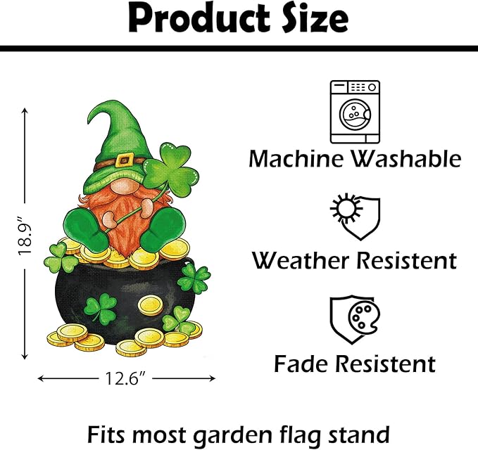Heyfibro St Patrick's Day Garden Flag Banner Double Sided 12.6x18.9 Inch Clover Leprechaun Gnome Garden Flag Shamrocks Yard Flags for Outside House Farmhouse Holiday St Patricks Outdoor Decorations