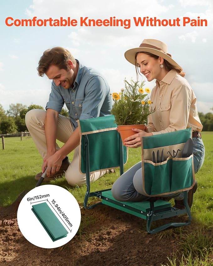 Garden Kneeler and Seat with 6" Thick EVA Pad,Folding Stool Bench,330 lbs Capacity,Dual Tool Bags,Ergonomic Handles for Seniors,Lightweight & Portable for Gardening,Weeding,Planting