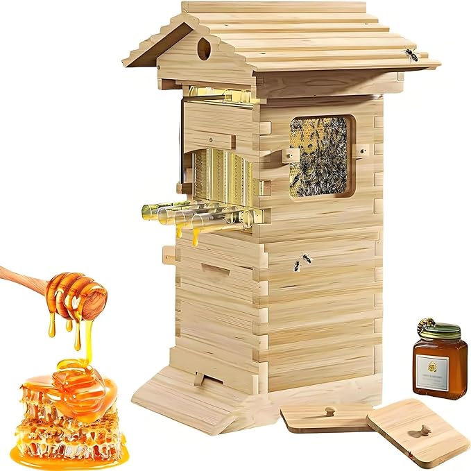 Complete Beekeeping Starter Kit，Professional Beekeeping Hive ，with Observation Window & Honey Spout,Ventilated Design， for Beekeeping,Garden Pollinators