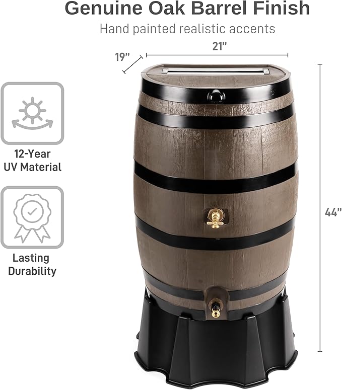 RTS Home Accents 50-Gallon Dual Spigot Rain Barrel, Flat Back Rain Water Collection Barrel, Stand Included, Woodgrain with Black Stripes