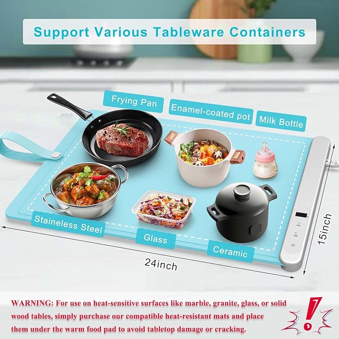 FYY Warming Mat for Food - Rapid and Full Surface Heating, 6 Temp Settings, 6H Timer, Rollable Portable Food Warming Mat, Ideal for Gatherings, Parties, Keep Meal Warm (X Large Size, Mint Green)