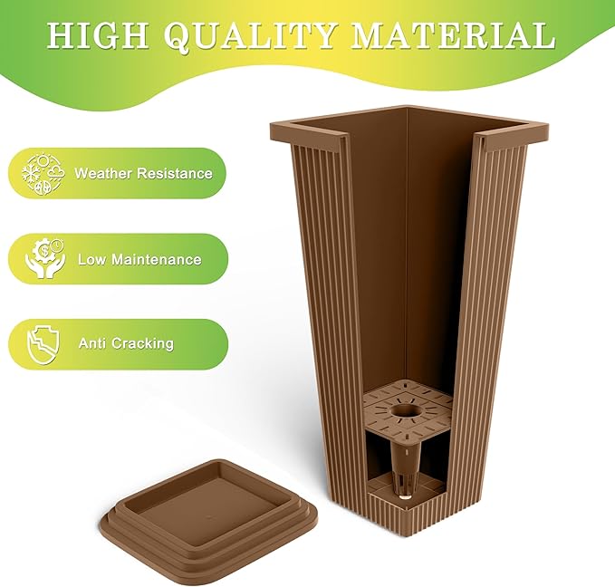 Set of 4 24" Tall Plastic Planters with Trays, Large Tapered Plant Pots for Indoor Outdoor Use, Modern Decorative Planters for Porch, Patio, Garden, and Backyard