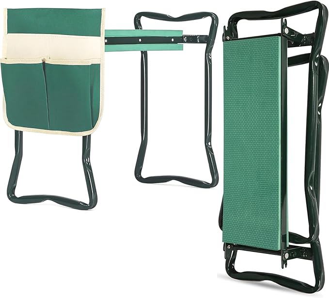 Garden Kneeler and Seat, Soft EVA Kneeling Pad Stool with Tool Pouch, Heavy Duty Foldable Gardener Stool, Green