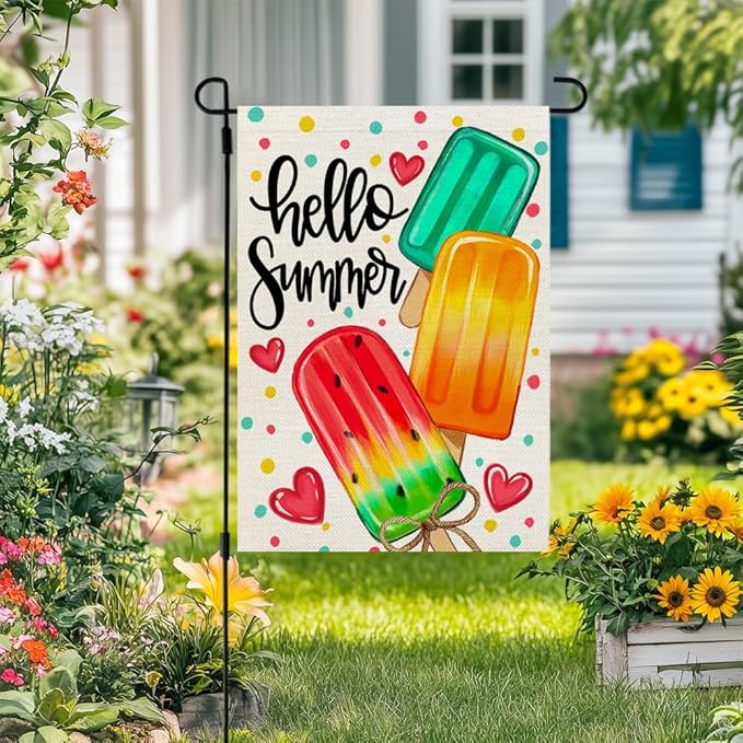 CROWNED BEAUTY Summer Garden Flag Popsicles Double Sided 12x18 Inches Small Burlap Seasonal Welcome Yard Decoration for Outside Porch CF1813-12