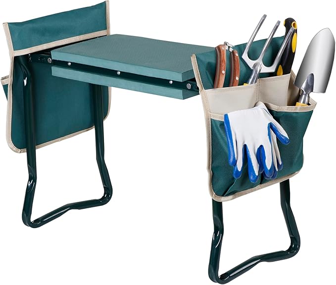 HomGarden Upgraded Folding Garden Kneeler Seat Bench Stool w/Thicken & Widen Soft Kneeling Pad, Portable Heavy Duty Gardener Stool with 2 Large Tool Pouchs for Women Men Seniors