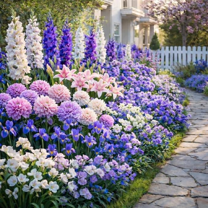 Royal Purple 64-Bulb Butterfly & Bee Pollinator Garden Mix – Premium Dahlias, Gladiolus, Lilies, Dutch Iris & Freesia | Easy-to-Grow Deer-Resistant Perennials | Summer Bloom, Spring Planting