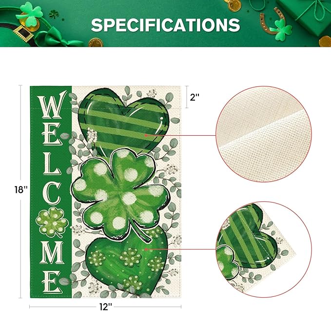 AVOIN colorlife St Patricks Day Garden Flag 12x18 Inch Double Sided Outside, Shamrocks Clovers Hearts Welcome Yard Outdoor Decoration