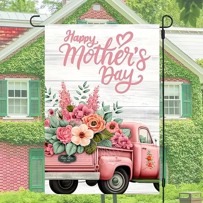 Happy Mothers Day Truck Garden Flag 12 x 18 inch Double Sided Outside decorations,Spring Flower Small Garden Flags For Outdoor Yard Lawn