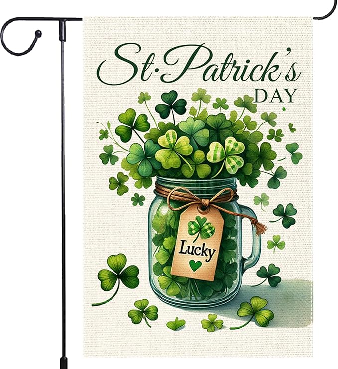 Welcome Lucky Clover St Patricks Day Garden Flag 12x18 Inch Double Sided Burlap, Mason Jar Yard Lawn Outdoor Irish Clover Seasonal Holiday Flags Decorations