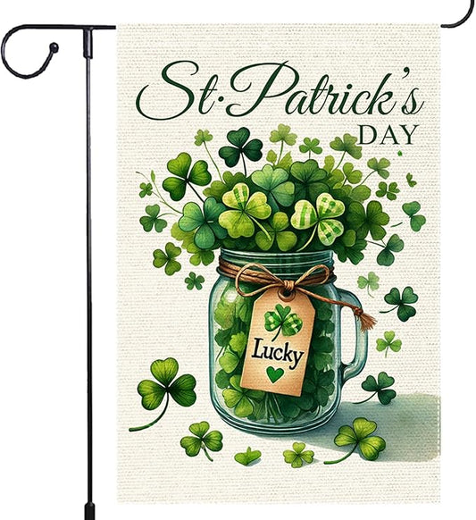 Welcome Lucky Clover St Patricks Day Garden Flag 12x18 Inch Double Sided Burlap, Mason Jar Yard Lawn Outdoor Irish Clover Seasonal Holiday Flags Decorations
