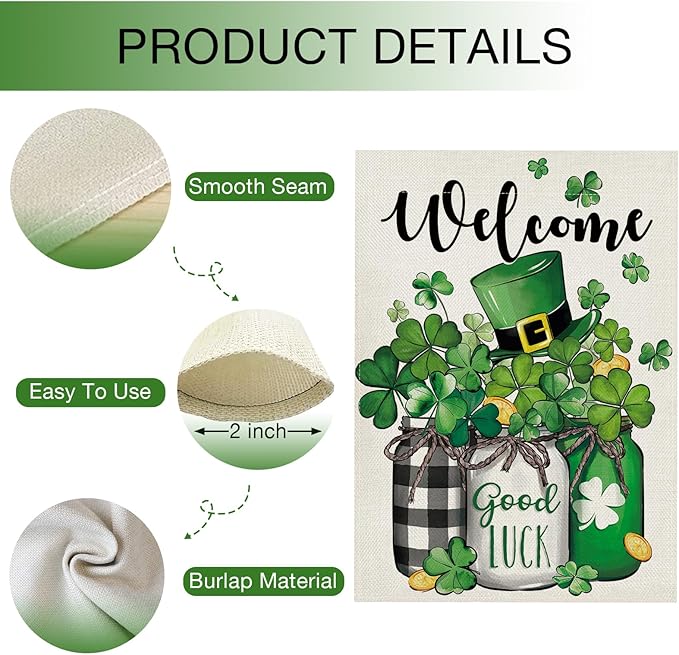 Hzppyz Welcome St Patricks Day Garden Flag Double Sided, Lucky Shamrock Clover Mason Jar Decorative Yard Outdoor Home Small Decor, Irish Spring Top Hat Gold Coin Burlap Outside House Decoration 12x18