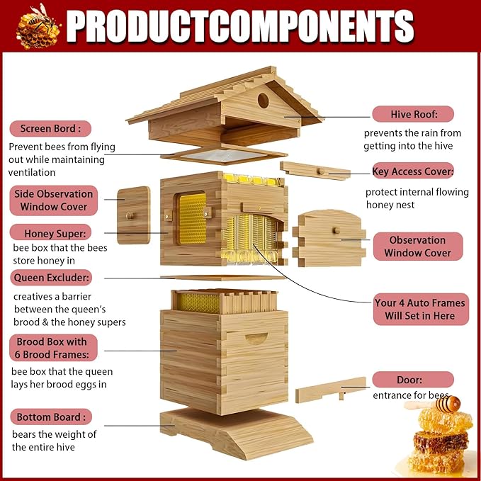 Self-Flow Hive Beehive Starter Kit with Observation Window and Honey Spout, Includes 4 bee Frames and 6 Honeycomb Trays, for Beekeeping,Garden Pollinators