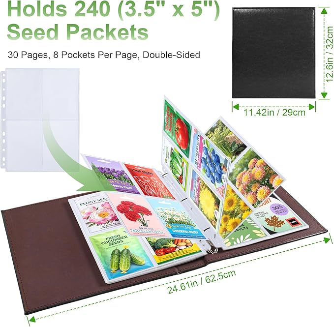 A4 3 Ring Binder Garden Seeds Storage Album with 30 Pcs 3.5x5” Seed Packet Sleeves, PU Leather Hardcover Organization Book for Seed Packet，Photo, Index Card，240 Top Loading Pockets Capacity