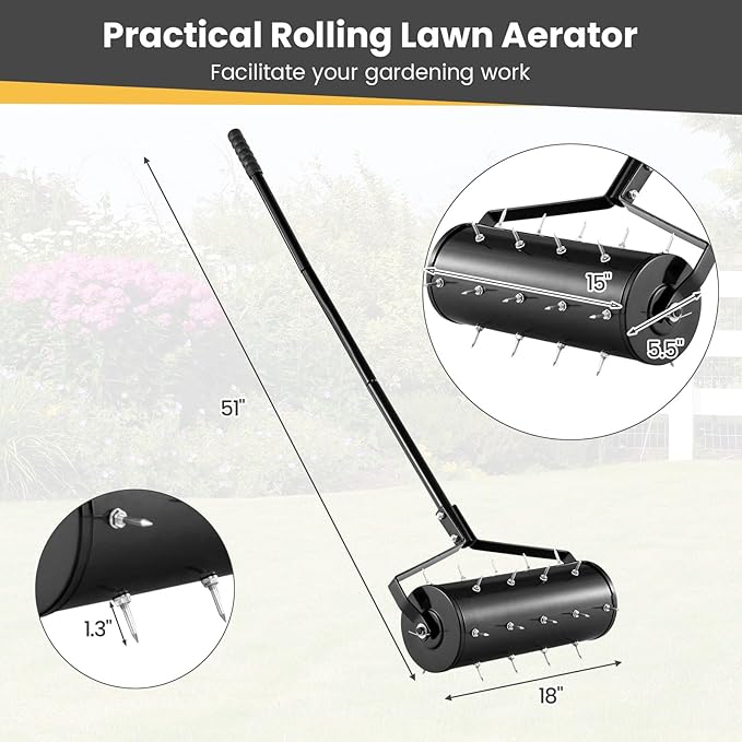 Goplus Rolling Lawn Aerator, 18-Inch Garden Yard Rotary Push Tine Filled Sand Stone, Heavy Duty Spike Soil Aeration w/Metal Handle, Fillable Drum 51" Manual Lawn Aeration Tool Garden Grass Patio Yard