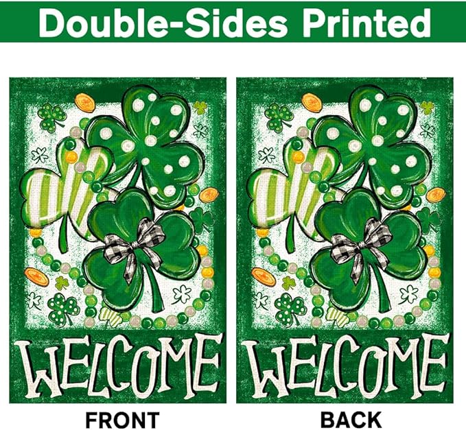 St Patricks Day Shamrock Garden Flag Double Sided, Stripes Polka Dot Trefoil Welcome Burlap Garden Flag for Outside Holiday Farmhouse Yard Decoration 12x18 Inch
