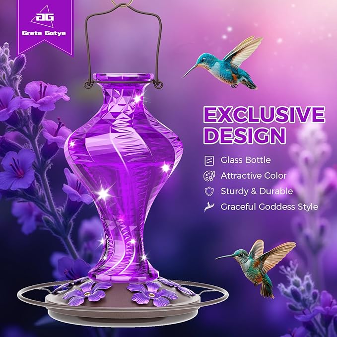 Glass Hummingbird Feeder for Outdoors Hanging, Bird Nectar Feeder with Perch & 5 Flower Feeding Ports, 20 Oz Leak Proof for Outside Garden Decor Backyard, Gifts for Women Mom, Purple