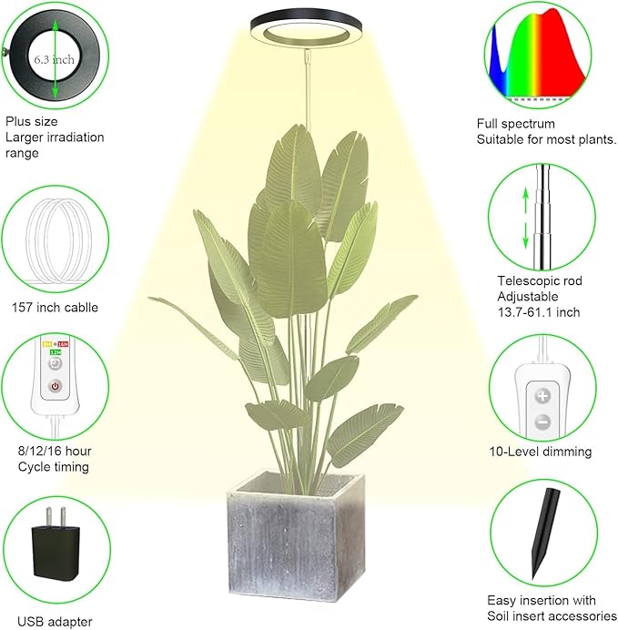Plant Grow Light,yadoker LED Growing Light Full Spectrum for Indoor Plants, Paired with a Soil Tester,Height Adjustable, Automatic Timer, 5V Low Safe Voltage,Idea for Large Plant Light