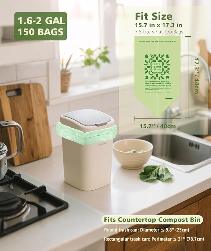150 Count 1.6-2 Gallon Small Compost Bags, AYOTEE Biodegradable 1.6 Gallon Trash Bags, Certified By ASTM Mini Compostable Bags Strong Wastebasket Can for Bathroom Home Kitchen Fit 7.5 Liter, Green