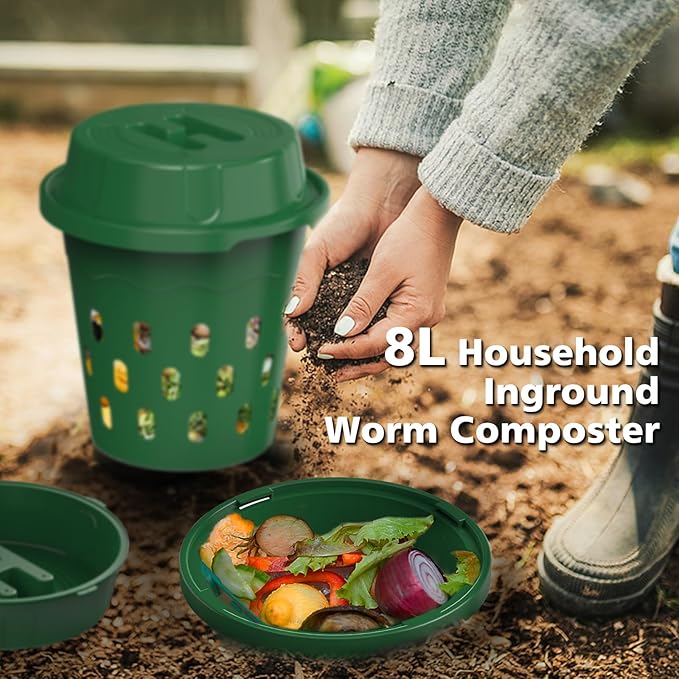 Inground Worm Composter, 2-Pack 8L (2.11Gal) Warm Farm, Outdoor Worm Compost Bin for Garden Beds & Home Use, Vermicomposting Bin for Beginners (9.5x9.5x10.8Inch), Green