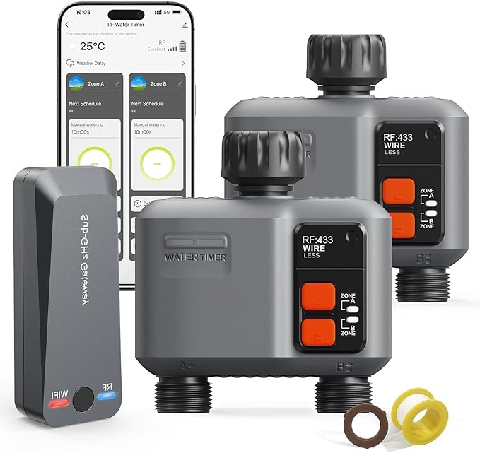 WiFi Sprinkler Timer 2 Zone with 984 Feet RF Gateway, 2 Pack Smart Water Timer for Garden Hose with Rain Delay/Manual/Automatic,WiFi Water Hose Timers for Garden & Lawns