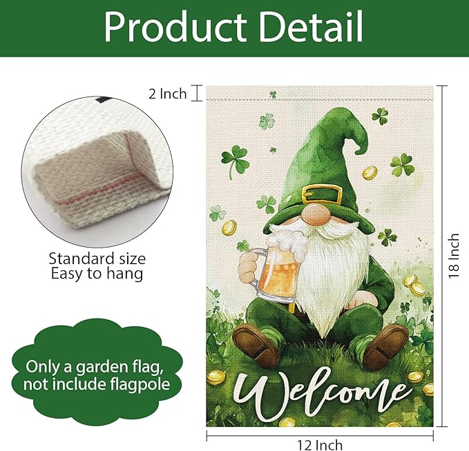 St Patricks Day Gnome Garden Flag 12×18 Inch Double Sided Lucky Shamrock Small Burlap Welcome Green Clover Holiday Outside Yard Flag