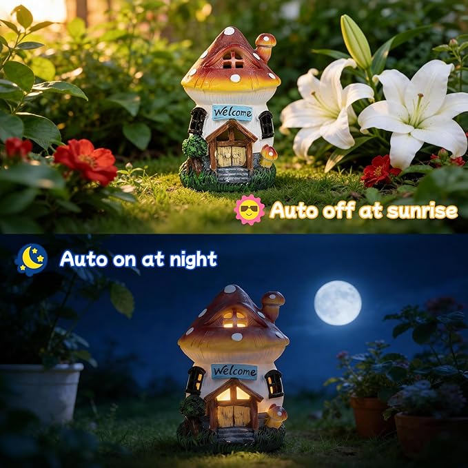 Ferrisland Solar Powered Mushroom House Statue with LED Light, 6.8 Inch Resin Garden Figurine with Welcome Sign, Outdoor Decor for Patio, Lawn, Yard, Pathway, Garden Gifts(Mushroom House)
